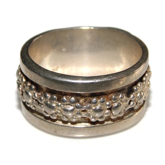 925 Vintage Estate Sterling Silver Ring US Size 6.75 Pinky Flowers Band Mexico - Picture 2 of 3